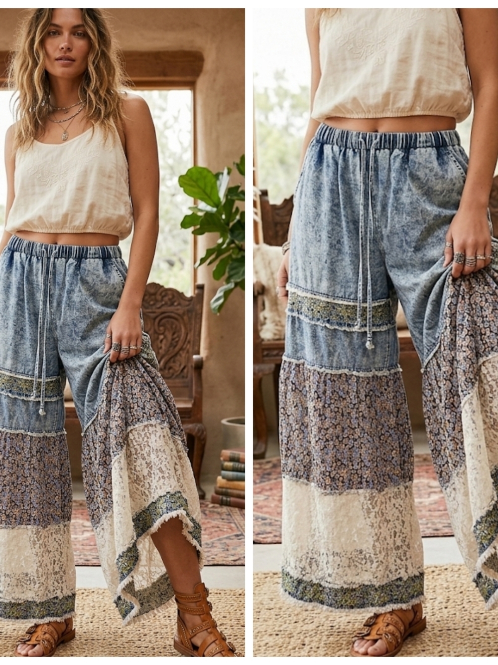 Boho Wide-Leg Patchwork Pants